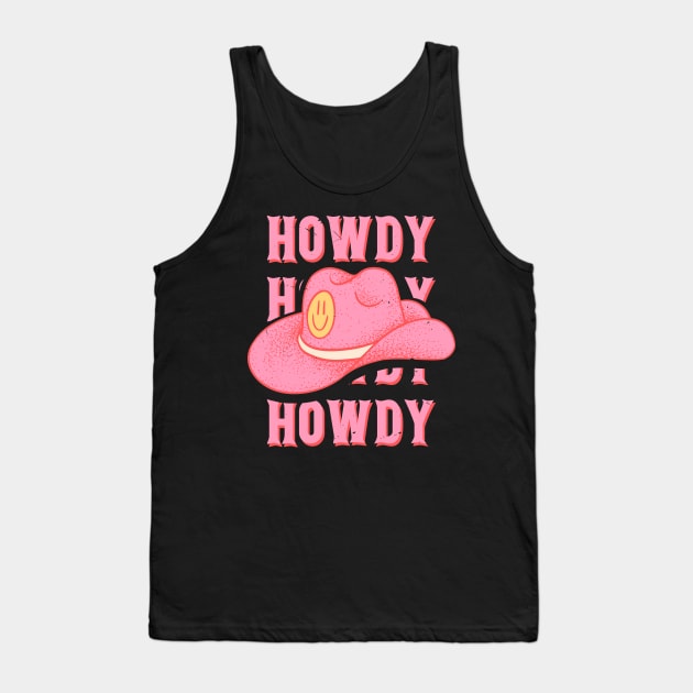 HOWDY HOWDY HOWDY YALL | Pink Cowboy Hat Cowgirl Preppy Aesthetic | Vintage Black Background Tank Top by anycolordesigns